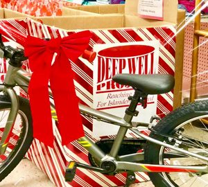 Deep Well Cares for the Community. green bike with deep well sign