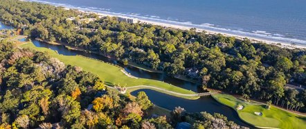 Hilton Head Vacations. aerial view of golf course parallel to the ocean