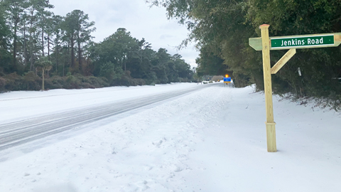 Snow on Hilton Head Island! A snow covered road