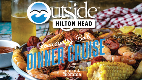 Lowcountry Boil Dinner Cruise - Outside Hilton Head. a photo of shrimp and corn on a plate with a graphic on top