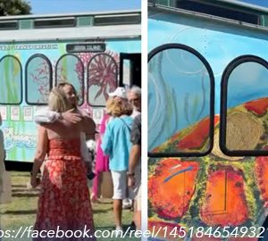 All Aboard the Loggerhead Express! 2 photos together of a brightly colored bus
