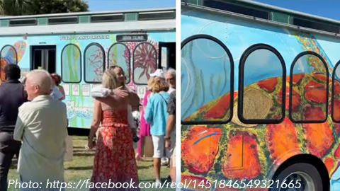 All Aboard the Loggerhead Express! 2 photos together of a brightly colored bus