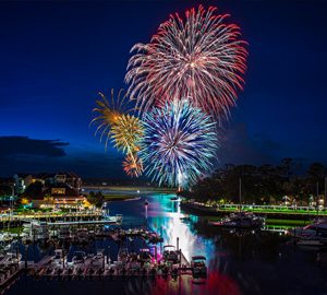 Where to See 4th of July Fireworks on Hilton Head Island in 2026. beautiful fireworks display over a marina